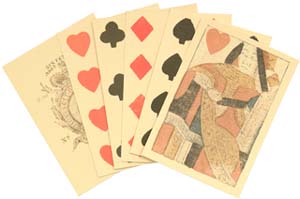 Reproduction 18th Century Playing Cards,
hand stamped colored inks on textured paper